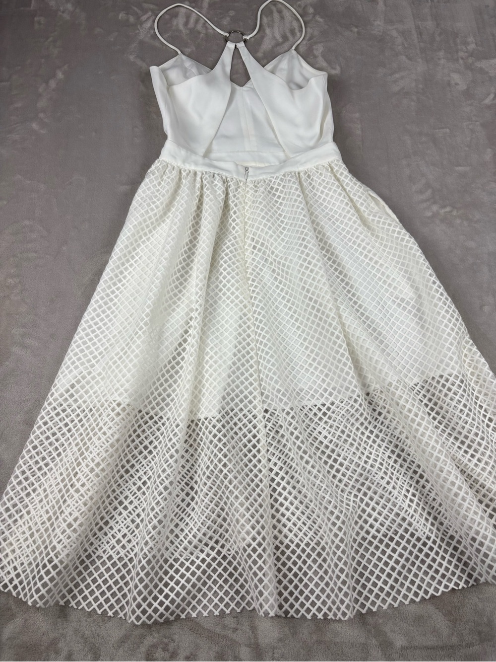 NBD XS White Mesh Overlay Midi Dress Ring Halter Fit Flare Party Cocktail Bridal - Picture 9 of 10